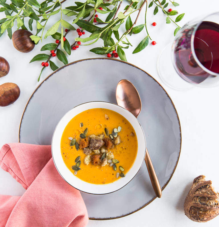 Chestnut and Cocoa-flavoured Pumpkin Soup, gingerbread croutons